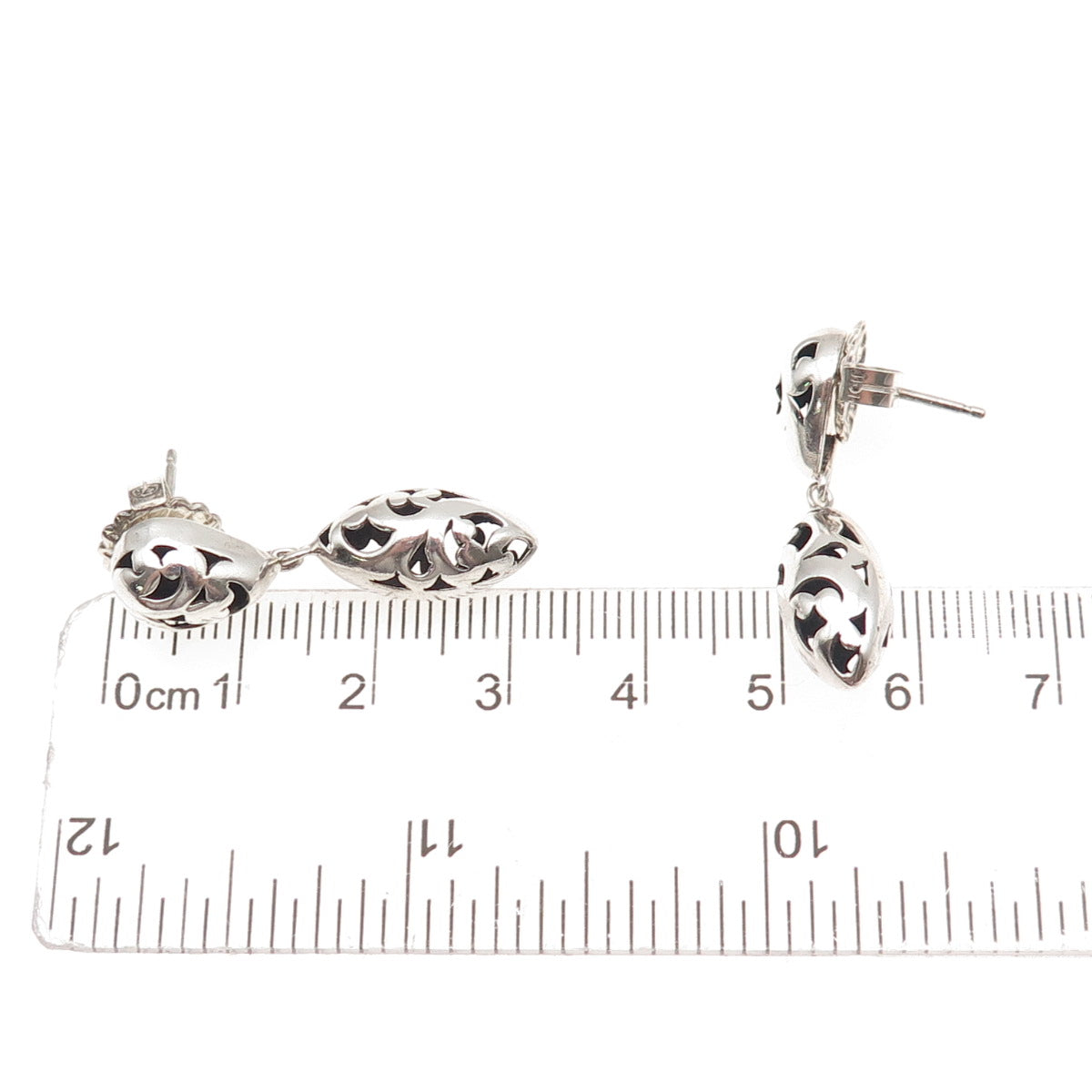 925 Sterling Silver Vintage Modernist Floral Scroll Oxidized Dangle Earrings