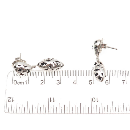925 Sterling Silver Vintage Modernist Floral Scroll Oxidized Dangle Earrings