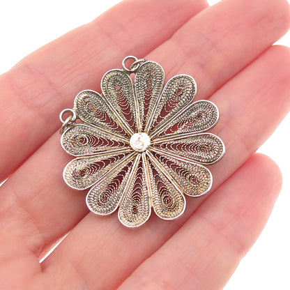 925 Sterling Gold Plated Vintage Real Garnet Filigree Flower Centerpiece Pendant