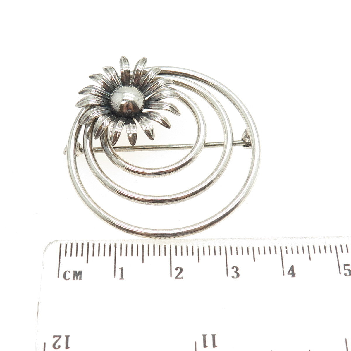 W. E. RICHARDS 925 Sterling Silver Vintage Floral Triple Circle Pin Brooch