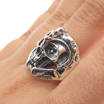 925 Sterling Silver Vintage Skull Oxidized Biker Ring Size 10.5