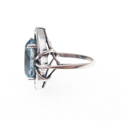 925 Sterling Silver Vintage Real Blue Topaz Modernist Oxidized Ring Size 7.5