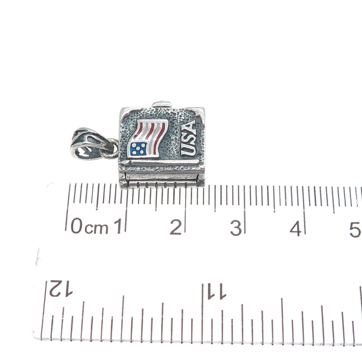 925 Sterling Silver Vintage Enamel USA Flag Cross Locket Oxidized Charm Pendant
