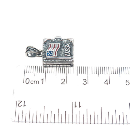 925 Sterling Silver Vintage Enamel USA Flag Cross Locket Oxidized Charm Pendant