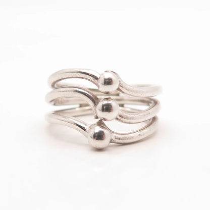 925 Sterling Silver Vintage Ball 3-Row Ring Size 8