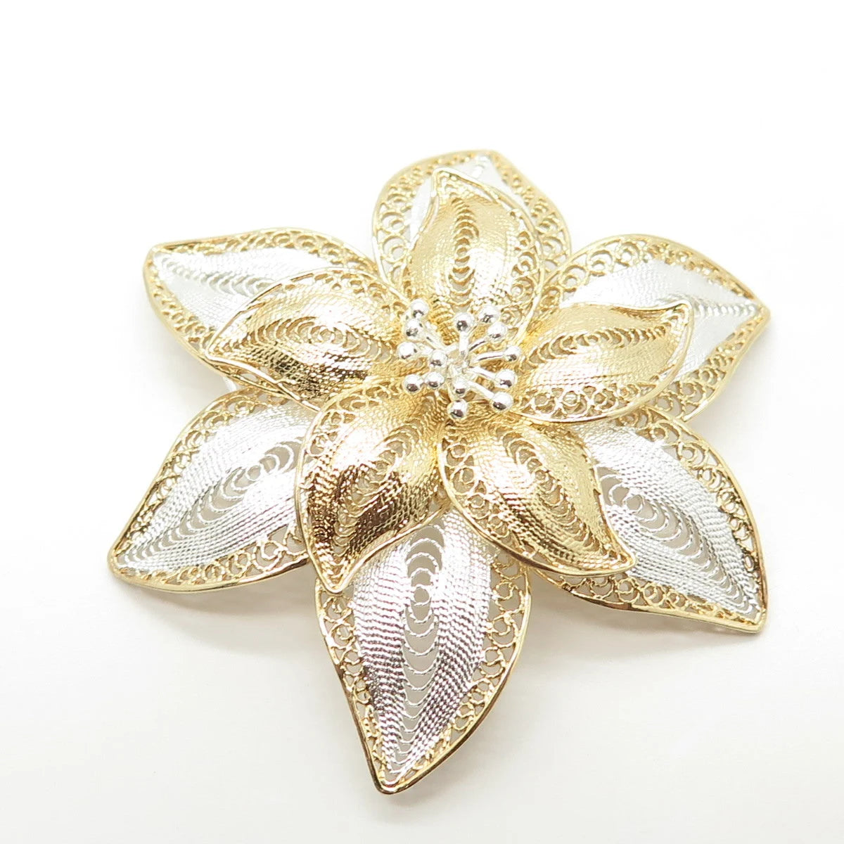 925 Sterling Silver 2-Tone Vintage Filigree Floral Pin Brooch