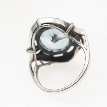 925 Sterling Silver Vintage Real Blue Topaz Modernist Oxidized Ring Size 7.5