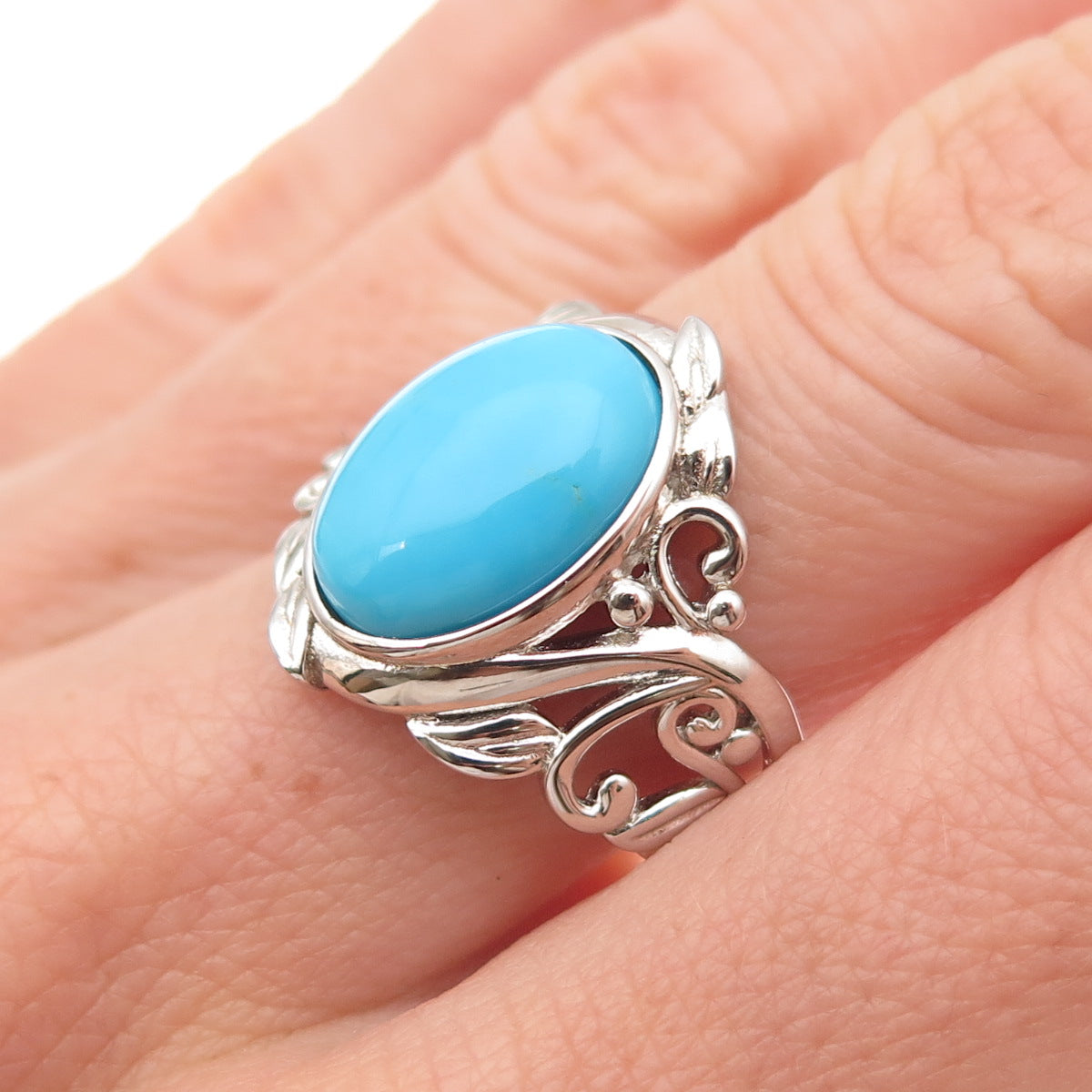 925 Sterling Silver Real Sleeping Beauty Turquoise Floral Ring Size 8