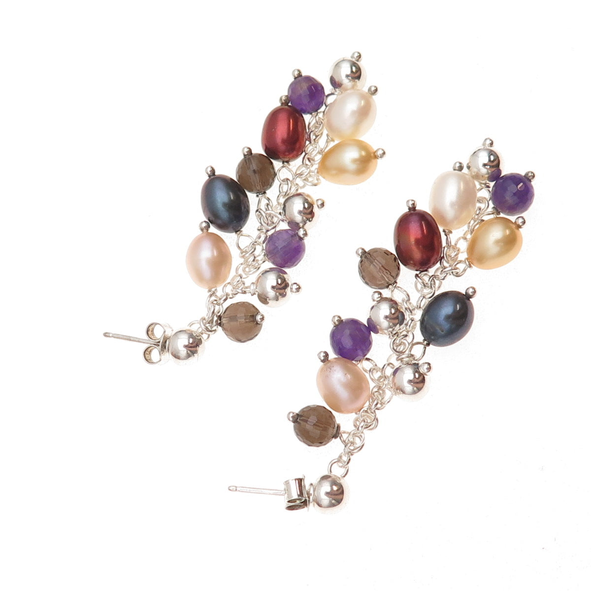 925 Sterling Silver Vintage Real Pearl Amethyst Smoky Quartz Dangle Earrings