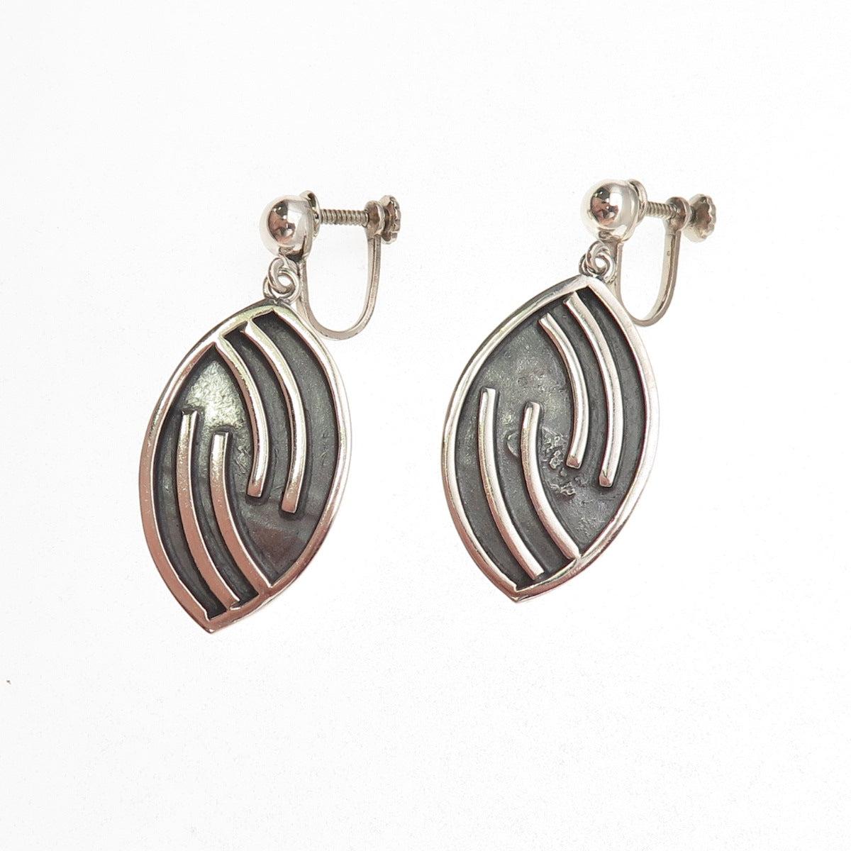 925 Sterling Silver Vintage Mexico Modernist Oxidized Dangle Screw Back Earrings