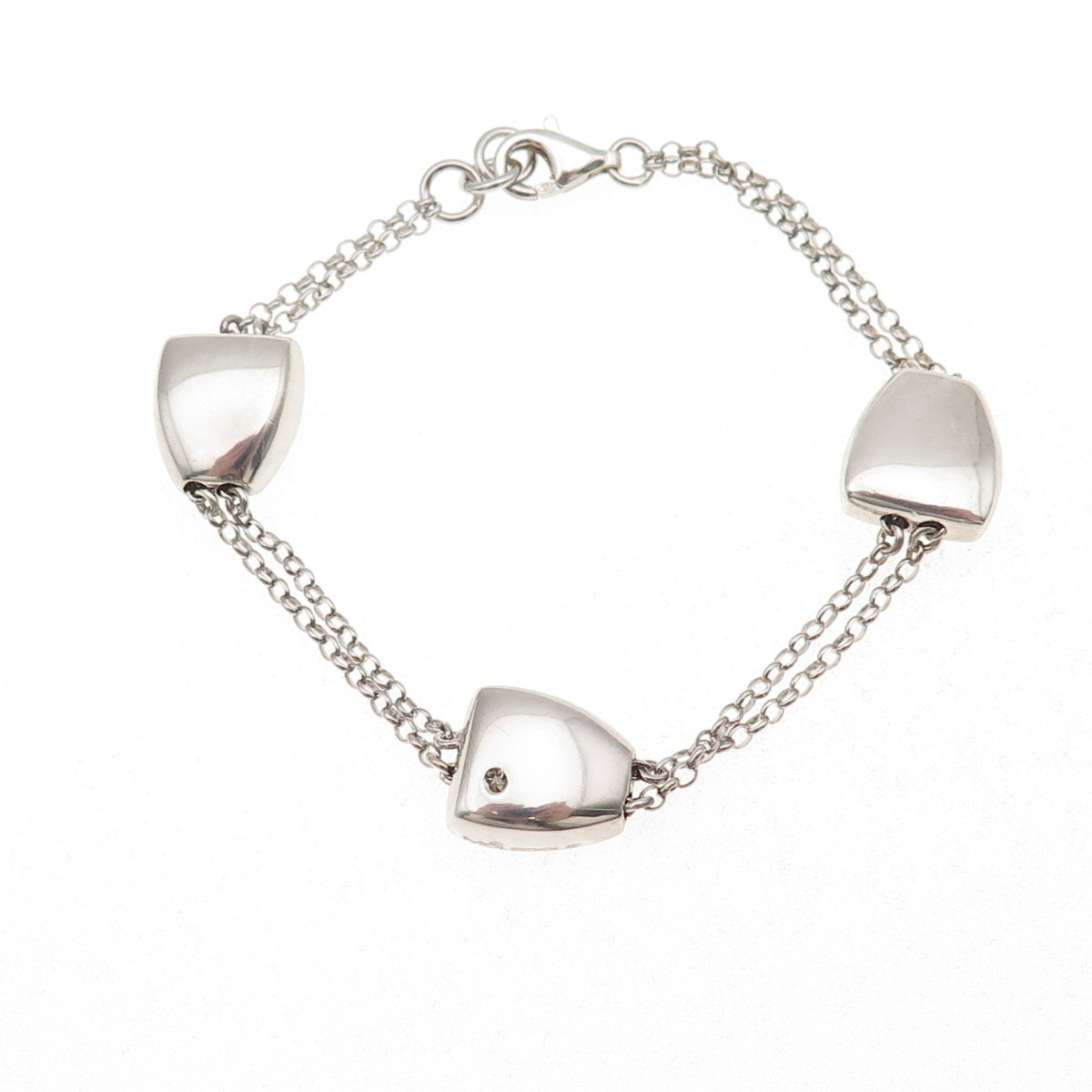 925 Sterling Silver Real Round-Cut Diamond Station 2-Row Cable Link Bracelet 7"