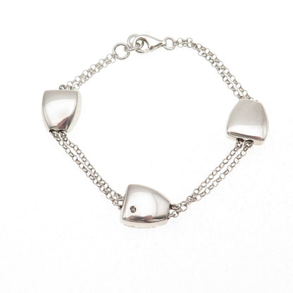 925 Sterling Silver Real Round-Cut Diamond Station 2-Row Cable Link Bracelet 7"