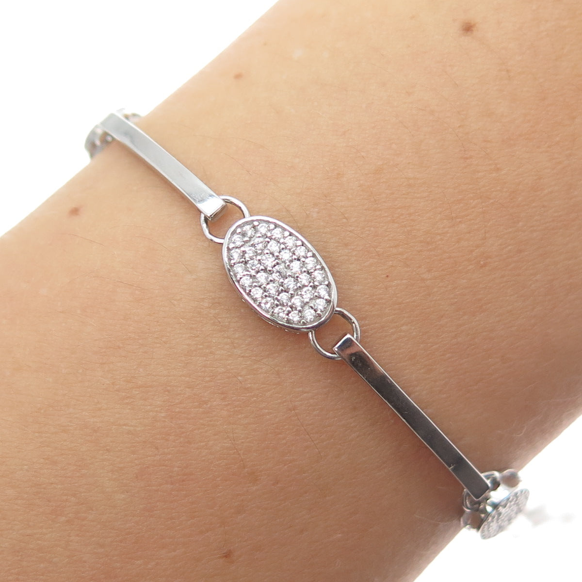 925 Sterling Silver Round-Cut Shaped C Z Bar Link Bracelet 7"