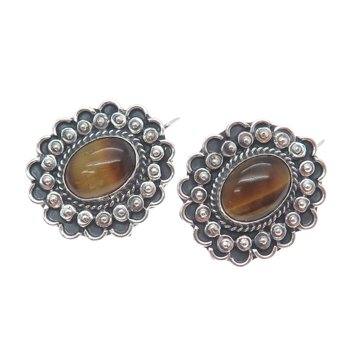 925 Sterling Silver Vintage Mexico Real Tiger Eye Flower Oxidized Earrings