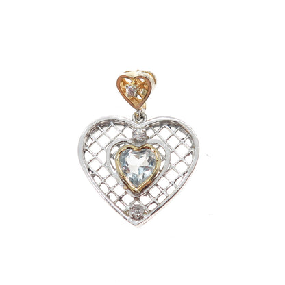 925 Sterling Silver 2-Tone Real Blue Topaz & C Z Heart Charm Pendant