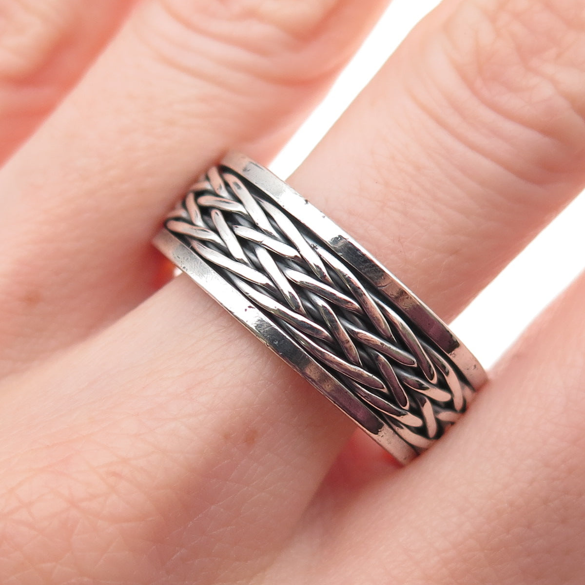 925 Sterling Silver Vintage Braided Oxidized Rotating Band Ring Size 13