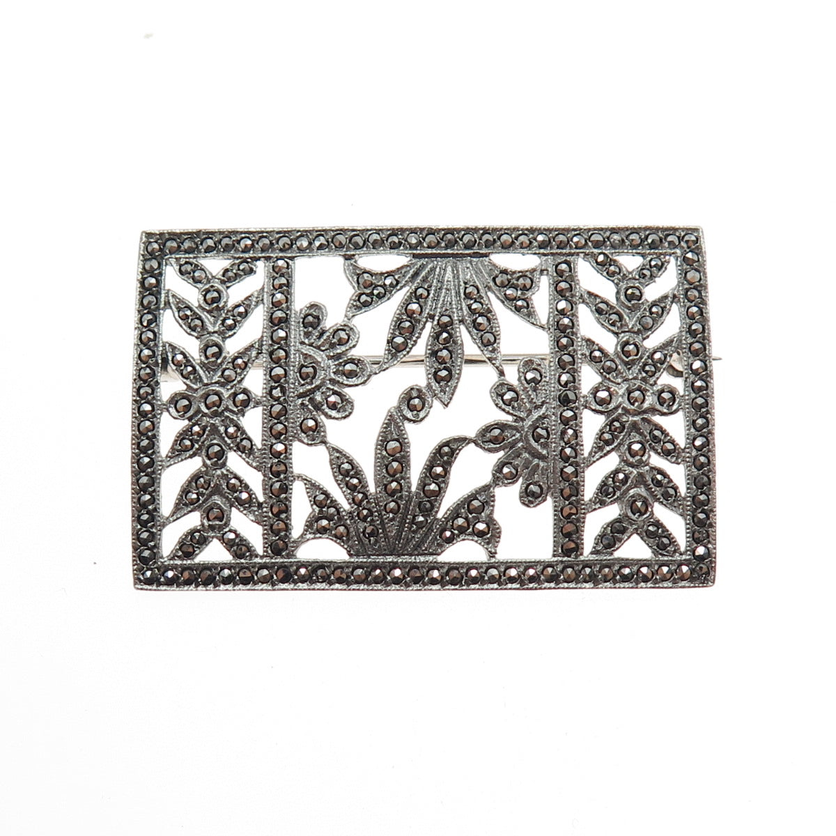 925 Sterling Silver Antique Art Deco Real Marcasite Floral Oxidized Pin Brooch