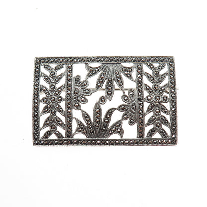 925 Sterling Silver Antique Art Deco Real Marcasite Floral Oxidized Pin Brooch