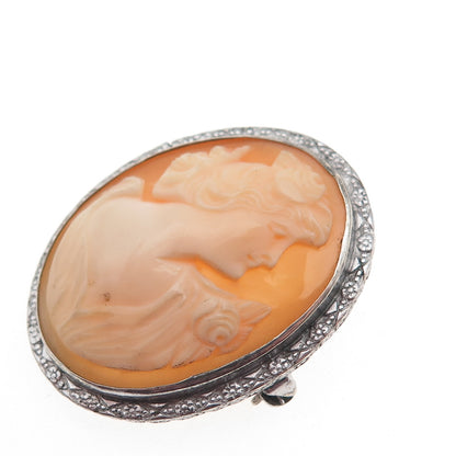 925 Sterling Silver Antique Art Deco Real MOP Carved Lady Cameo Pin Brooch