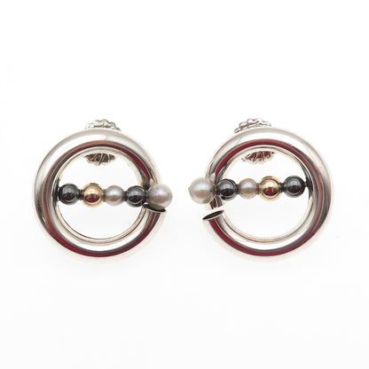 Hiroko Yamada 925 Sterling 2-Tone Vintage Real Pearl Hematite Modernist Earrings