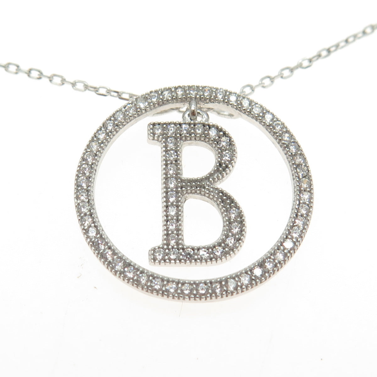 925 Sterling Silver Pave C Z Letter "B" Initial Cable Chain Necklace 16-18"