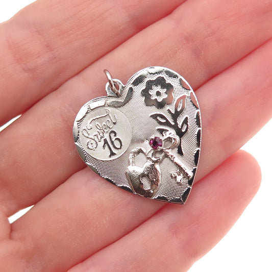Crea 925 Sterling Silver Vintage Rhinestone Sweet 16 Heart Charm Pendant