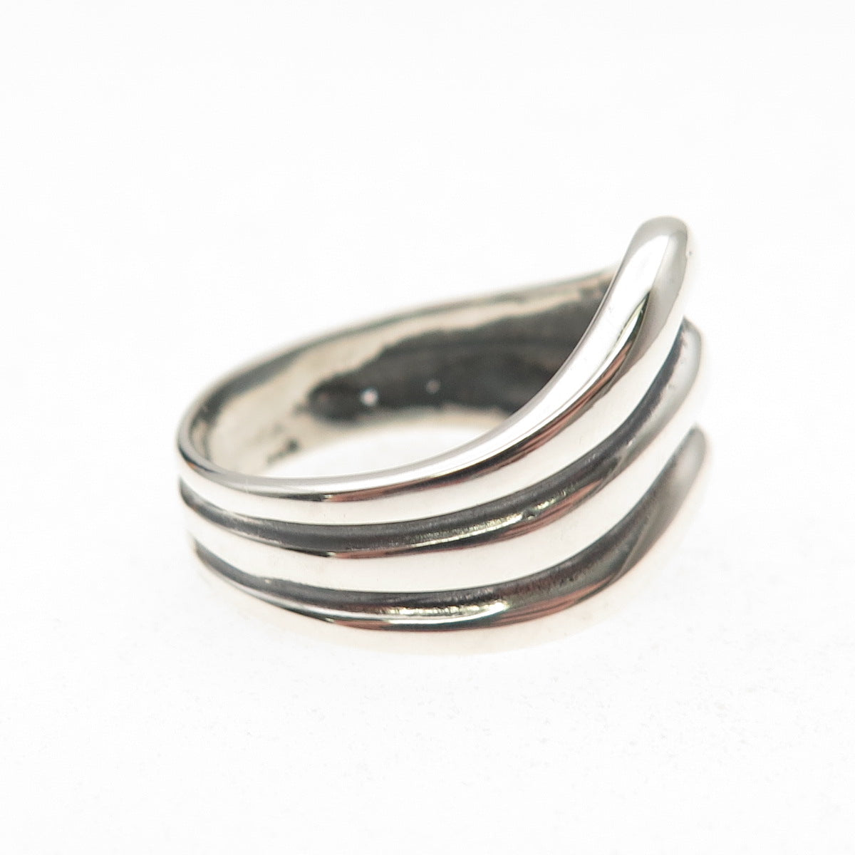 925 Sterling Silver Vintage Modernist Ribbed Wave Oxidized Ring Size 8