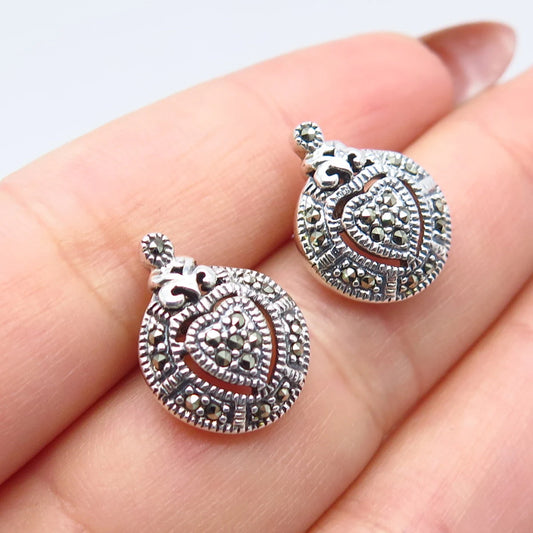 925 Sterling Silver Vintage Real Marcasite Gemstone Stud Earrings