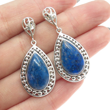 925 Sterling Silver Vintage Real Lapis Lazuli Gemstone Beaded Dangling Earrings