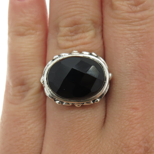 925 Sterling Silver Vintage Real Checkered Black Onyx Gemstone Ring Size 6.5