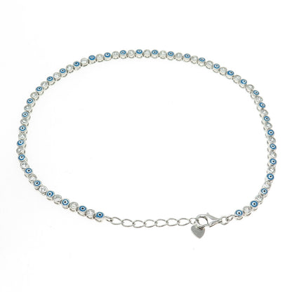 925 Sterling Silver Enamel C Z Evil's Eye Tennis Link Anklet Bracelet 9.5-10.5"