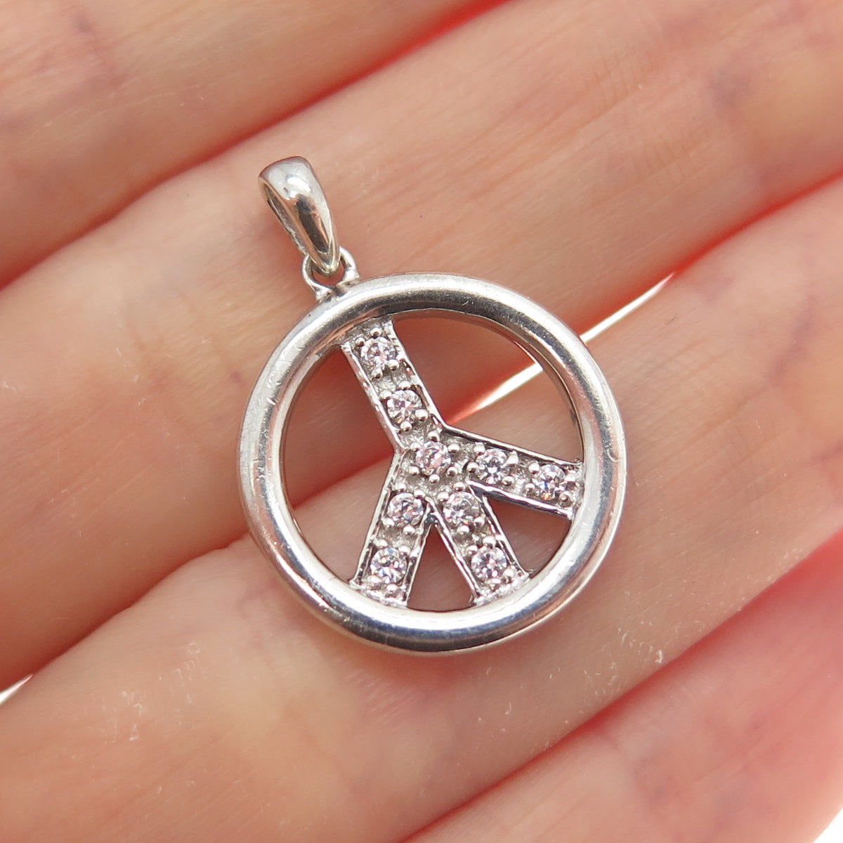 SAI 925 Sterling Silver Round-Cut C Z Peace Symbol Minimalist Charm Pendant