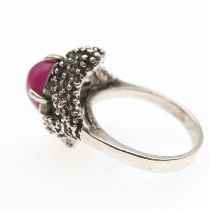 925 Sterling Silver Vintage Real Star Ruby Modernist Oxidized Ring Size 5.25