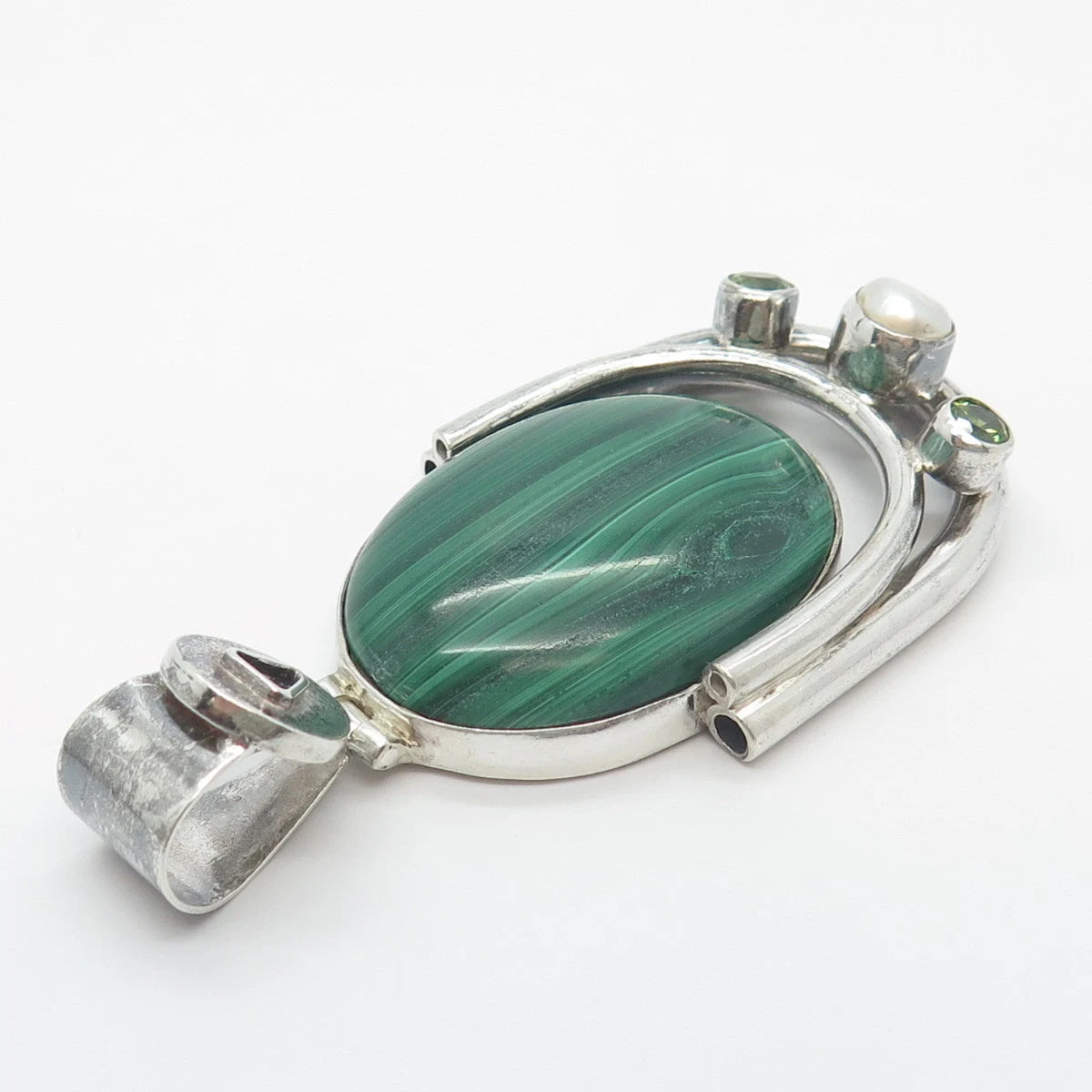 925 Sterling Silver Vintage Real Malachite Peridot Gemstone & Pearl Pendant