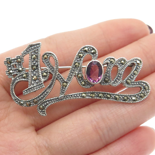 925 Sterling Silver Vintage Real Amethyst & Marcasite "#1 MOM" Pin Brooch