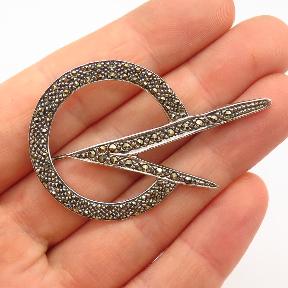 925 Sterling Silver Real Marcasite Gemstone Modernist Design Pin Brooch