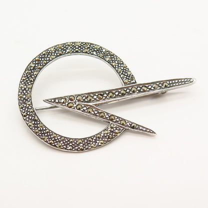 925 Sterling Silver Real Marcasite Gemstone Modernist Design Pin Brooch