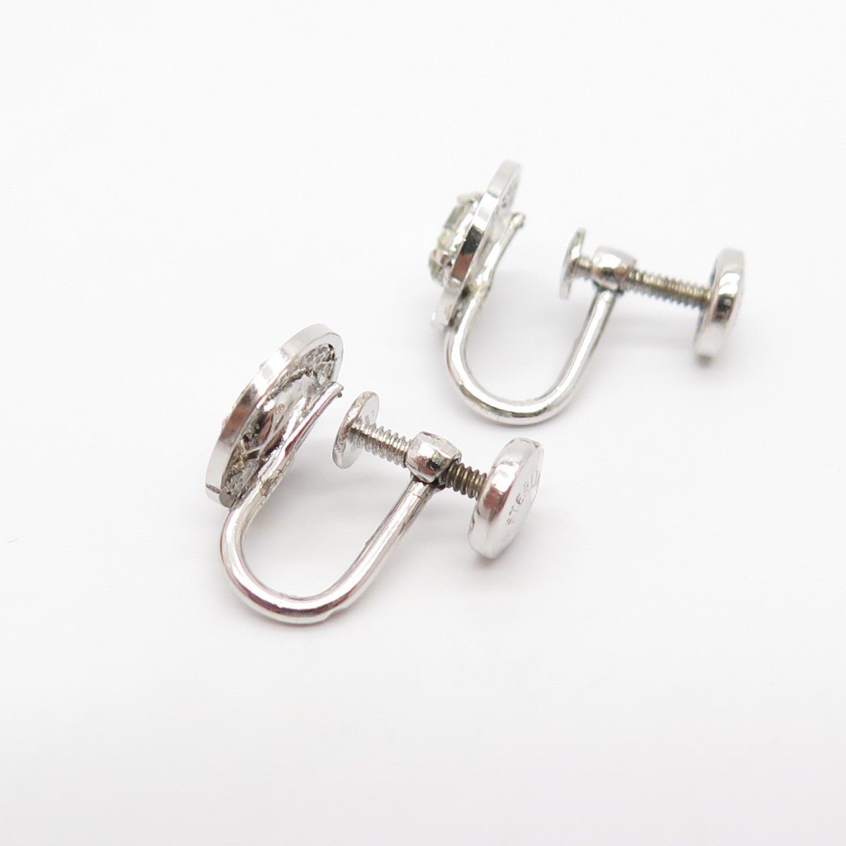 925 Sterling Silver Vintage C Z Eternal Curve Screw Back Earrings
