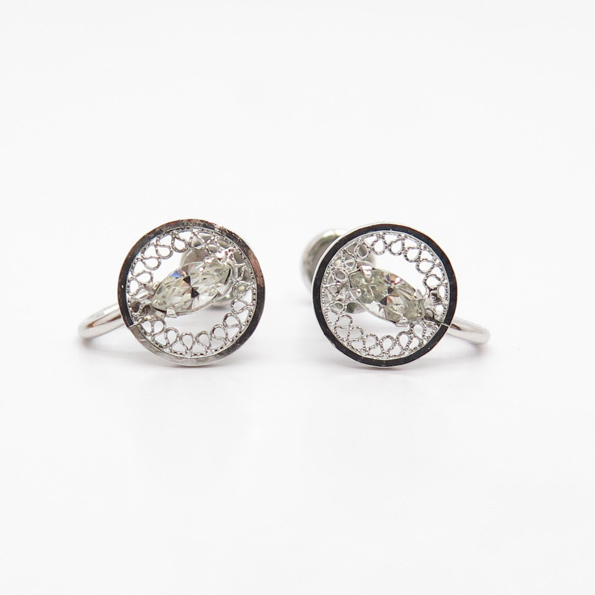 925 Sterling Silver Vintage C Z Eternal Curve Screw Back Earrings