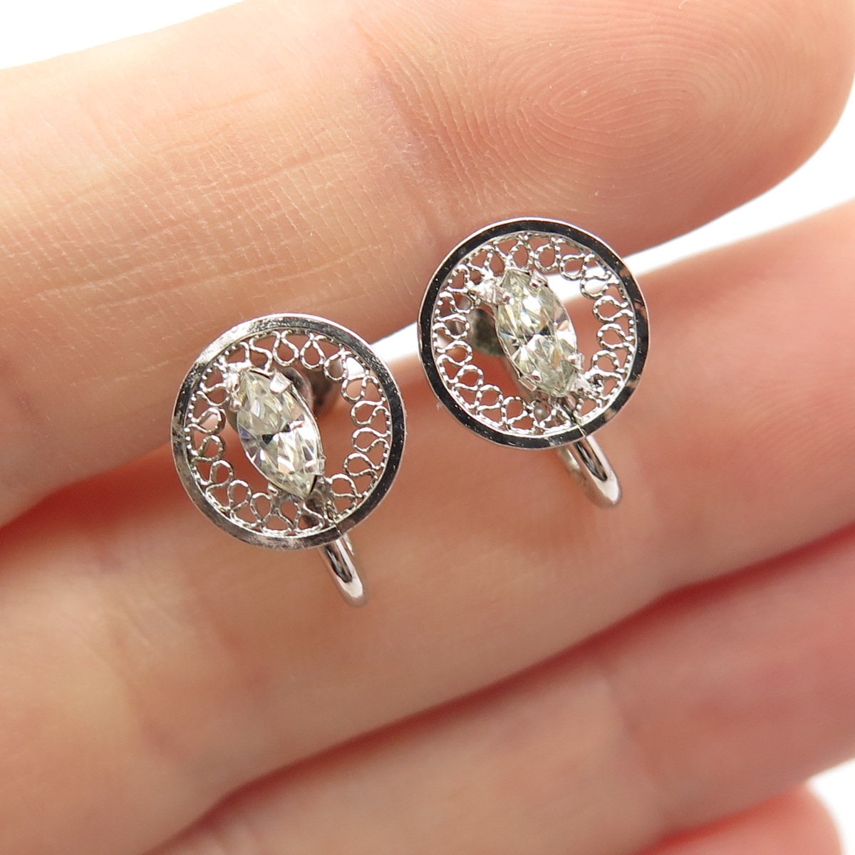 925 Sterling Silver Vintage C Z Eternal Curve Screw Back Earrings