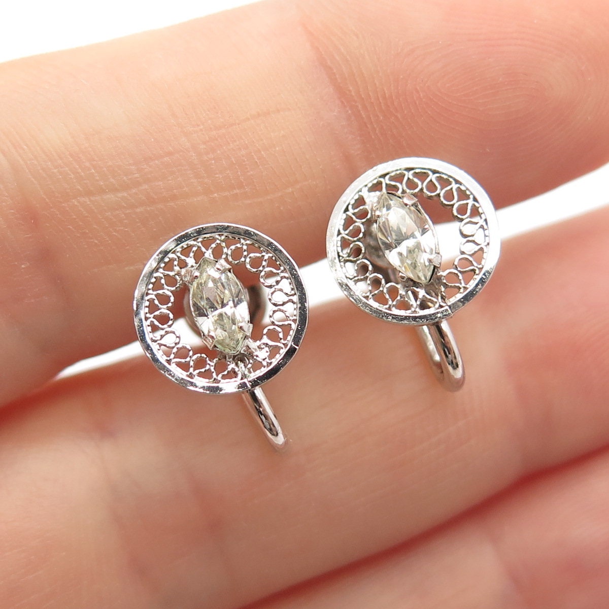 925 Sterling Silver Vintage C Z Eternal Curve Screw Back Earrings