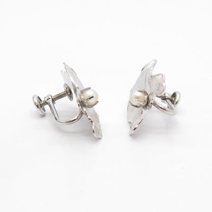 925 Sterling Silver Vintage Carl Art Faux Pearl Screw Back Earrings