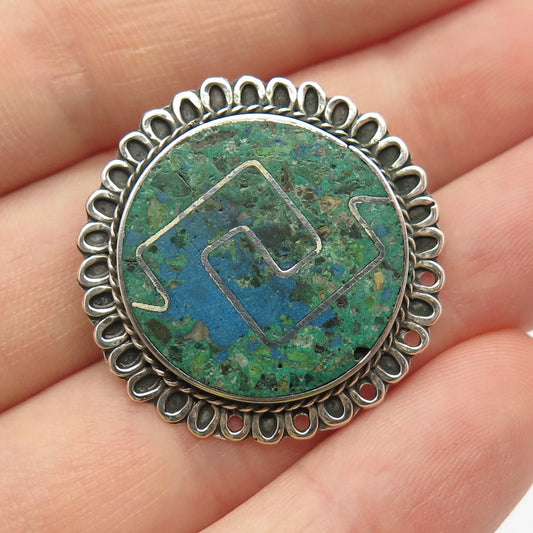 925 Sterling Silver Vintage Mexico Real Azurite Maze Tribal Pin Brooch / Pendant