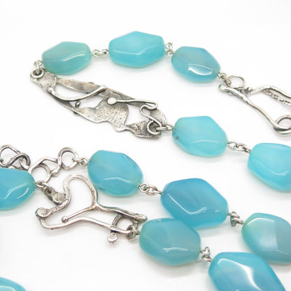 925 Sterling Silver Vintage Real Blue Lace Agate Gem Bead Chain Necklace 48”
