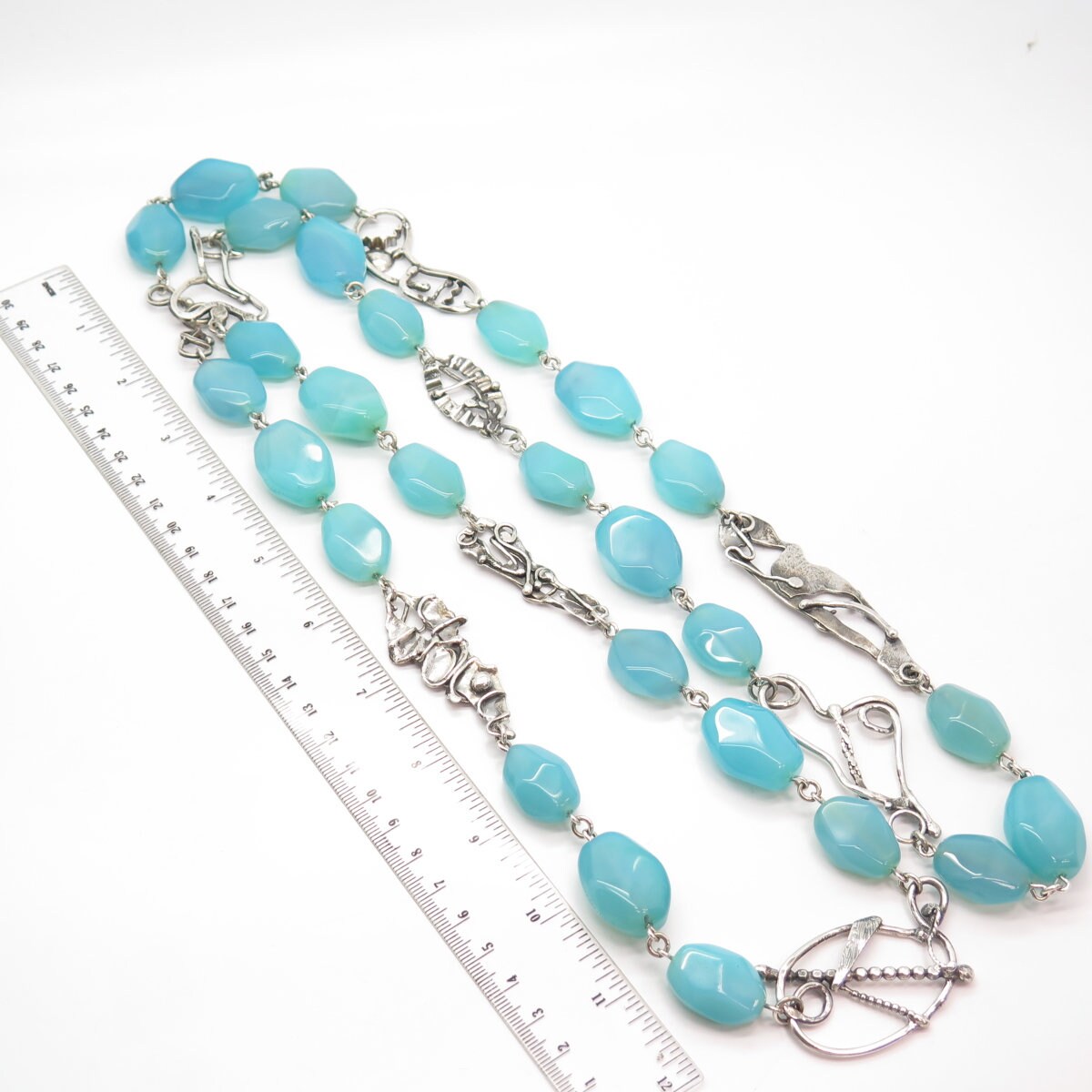 925 Sterling Silver Vintage Real Blue Lace Agate Gem Bead Chain Necklace 48”