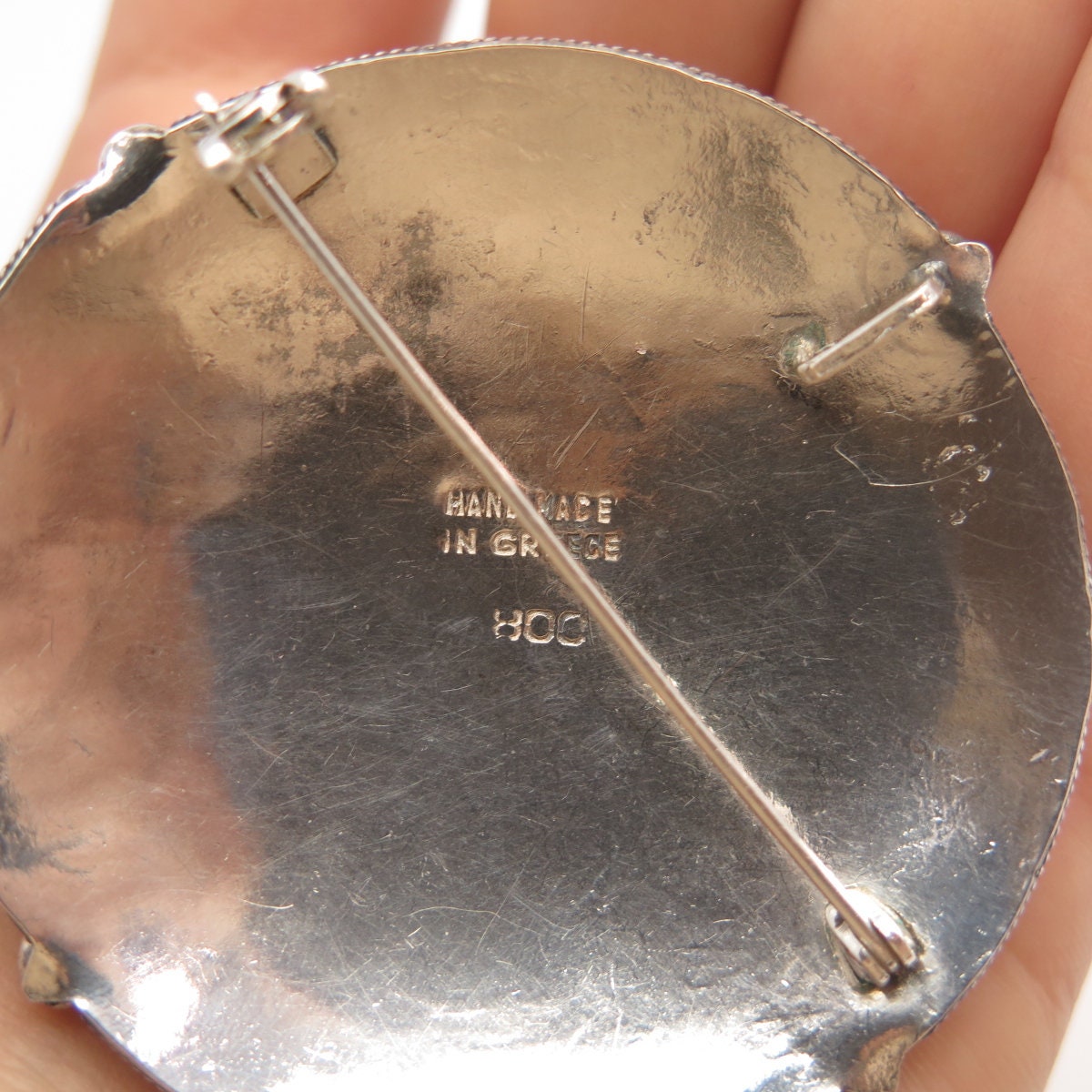 800 Silver Antique Greece Amethyst-Tone C Z Pin Brooch / Pendant