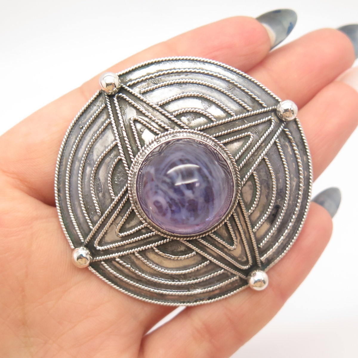 800 Silver Antique Greece Amethyst-Tone C Z Pin Brooch / Pendant