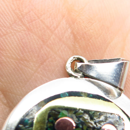 925 Sterling Silver 3-Tone Vintage Real Turquoise Gem Inlay Tribal Pendant
