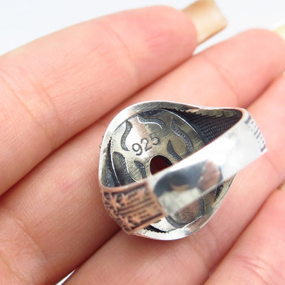 925 Sterling Silver 2-Tone Vintage Carnelian & Melanite Gemstone Ring Size 11.25