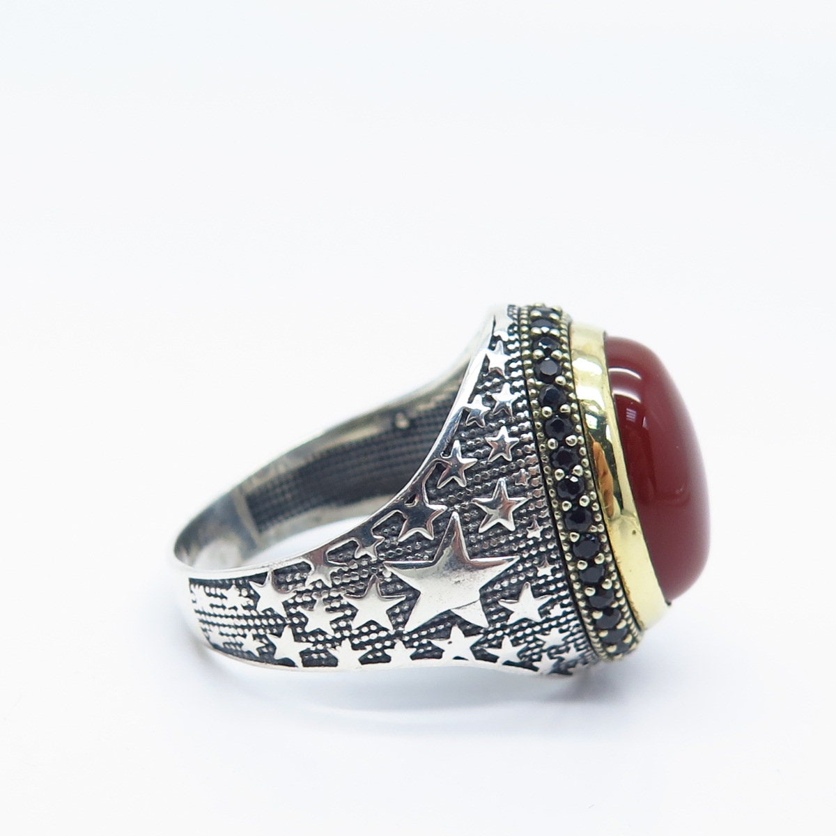 925 Sterling Silver 2-Tone Vintage Carnelian & Melanite Gemstone Ring Size 11.25